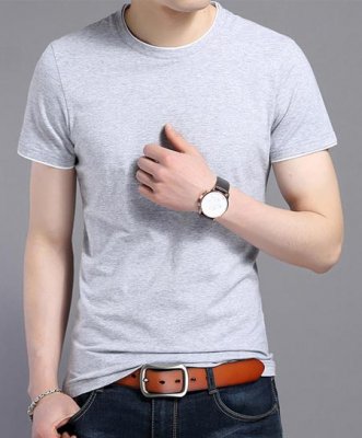 花灰色嵌白邊定做圓領文化衫款式價格