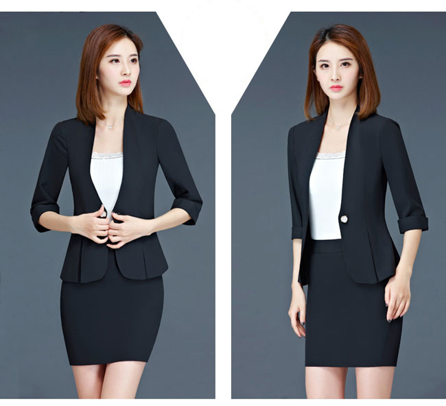 黑色女營業員工作服套裙裝款式模特展示圖二