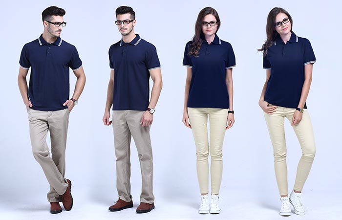 藏青色嵌條翻領t恤衫定制前后款式展示圖片