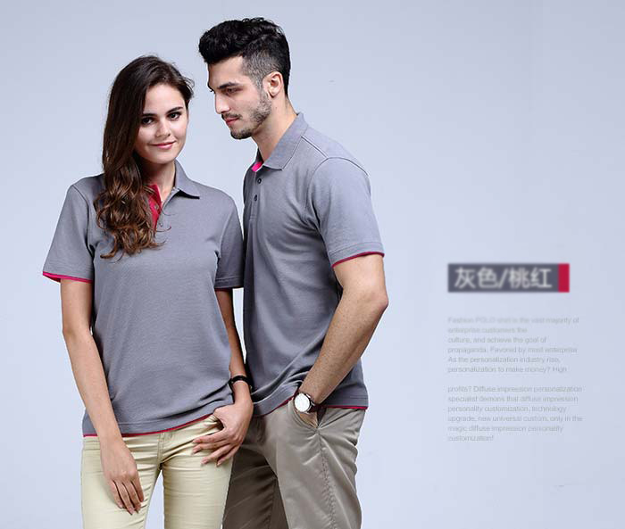 灰色雙下擺短袖翻領t恤衫款式展示圖